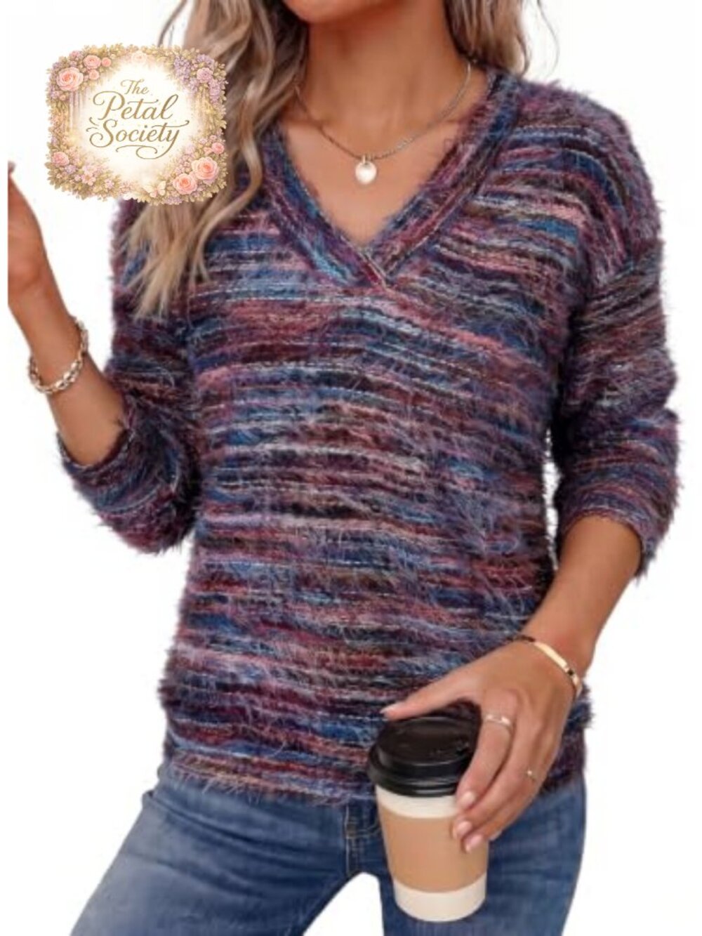 Womens V Neck Pullover Lightweight Fuzzy Eyelash Knit Sweater
